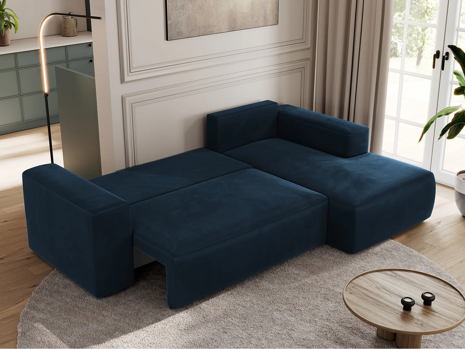 Ecksofa TRENTINO - mit Schlaffunktion und Bettkasten, L-form Couch, lose Kissen und Armlehnen - Dunkelblau Velvet - Ecke Rechts