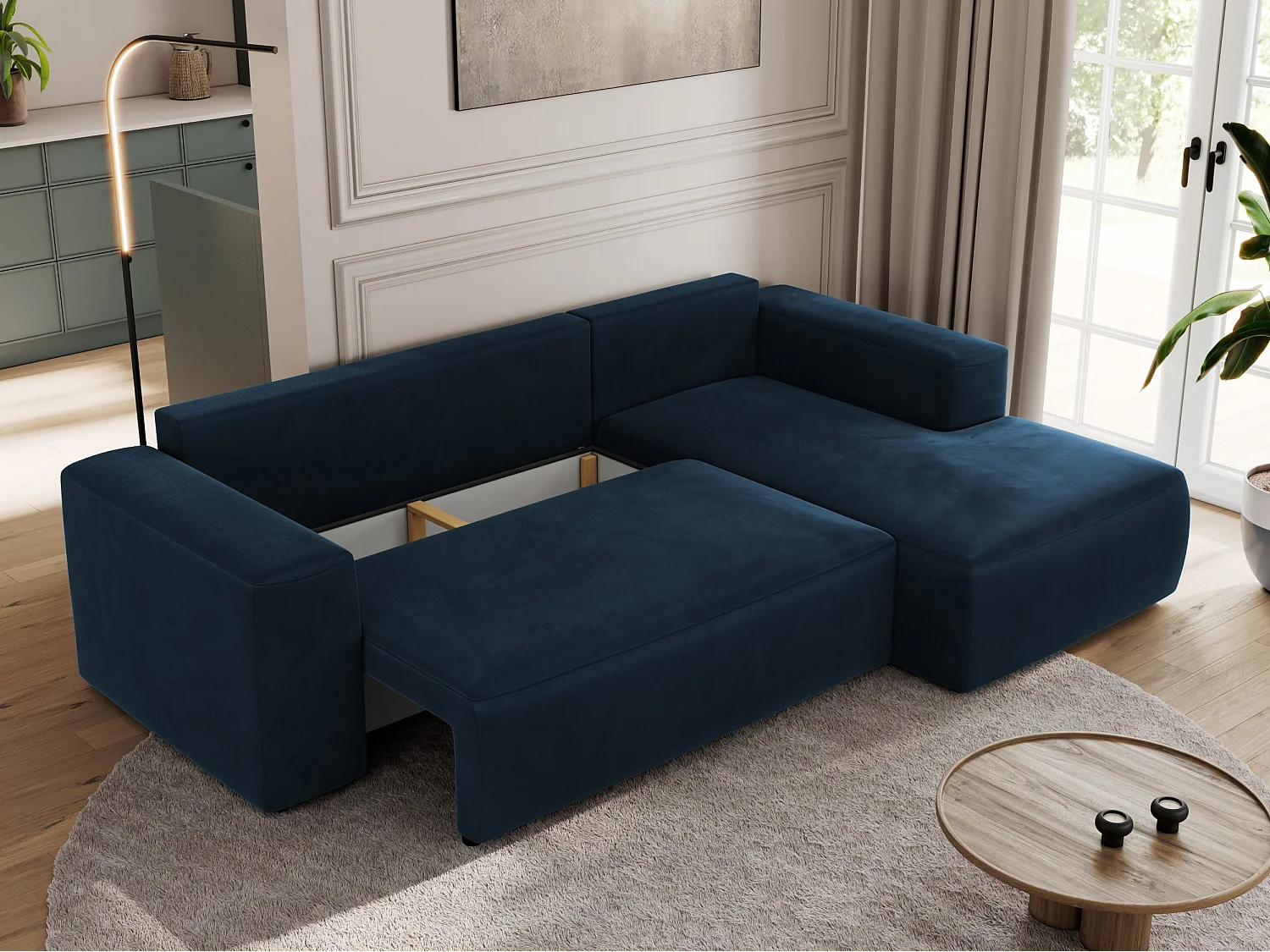 Ecksofa TRENTINO - mit Schlaffunktion und Bettkasten, L-form Couch, lose Kissen und Armlehnen - Dunkelblau Velvet - Ecke Rechts