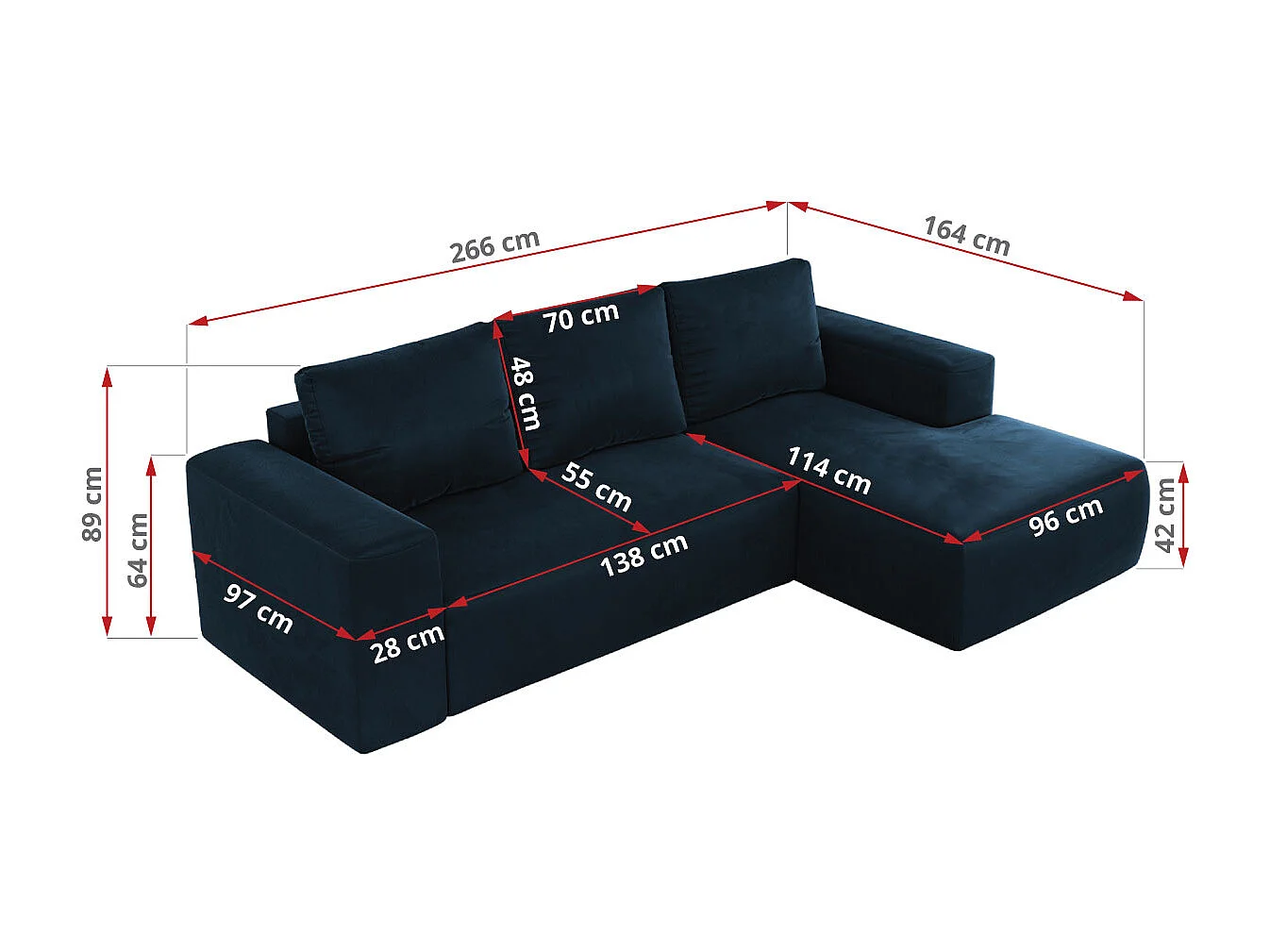 Ecksofa TRENTINO - mit Schlaffunktion und Bettkasten, L-form Couch, lose Kissen und Armlehnen - Dunkelblau Velvet - Ecke Rechts