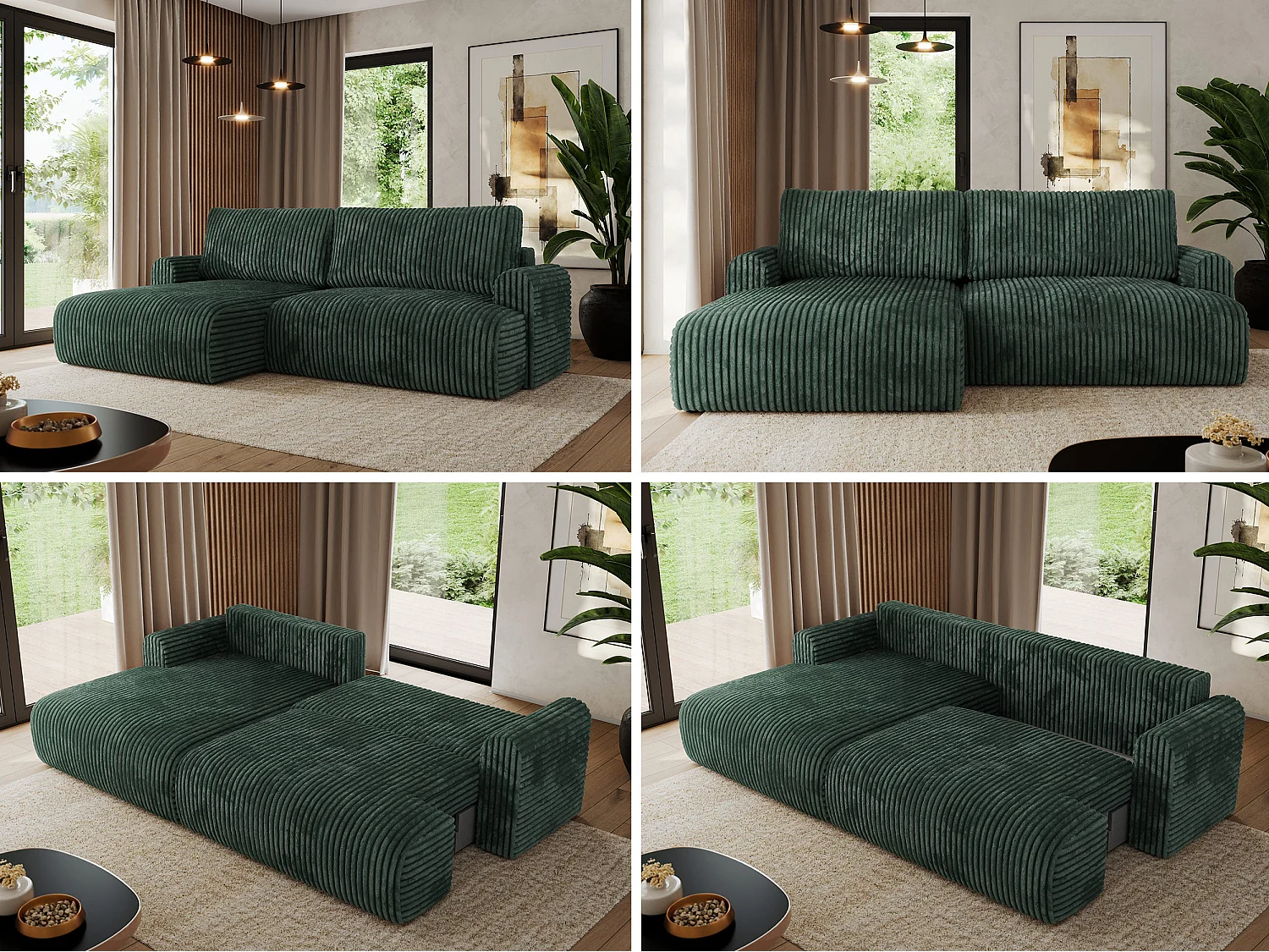 Ecksofa TONO - mit Schlaffunktion und Bettkasten, L-form Ecke, Armlehnen - Grün Cord - Ecke Links