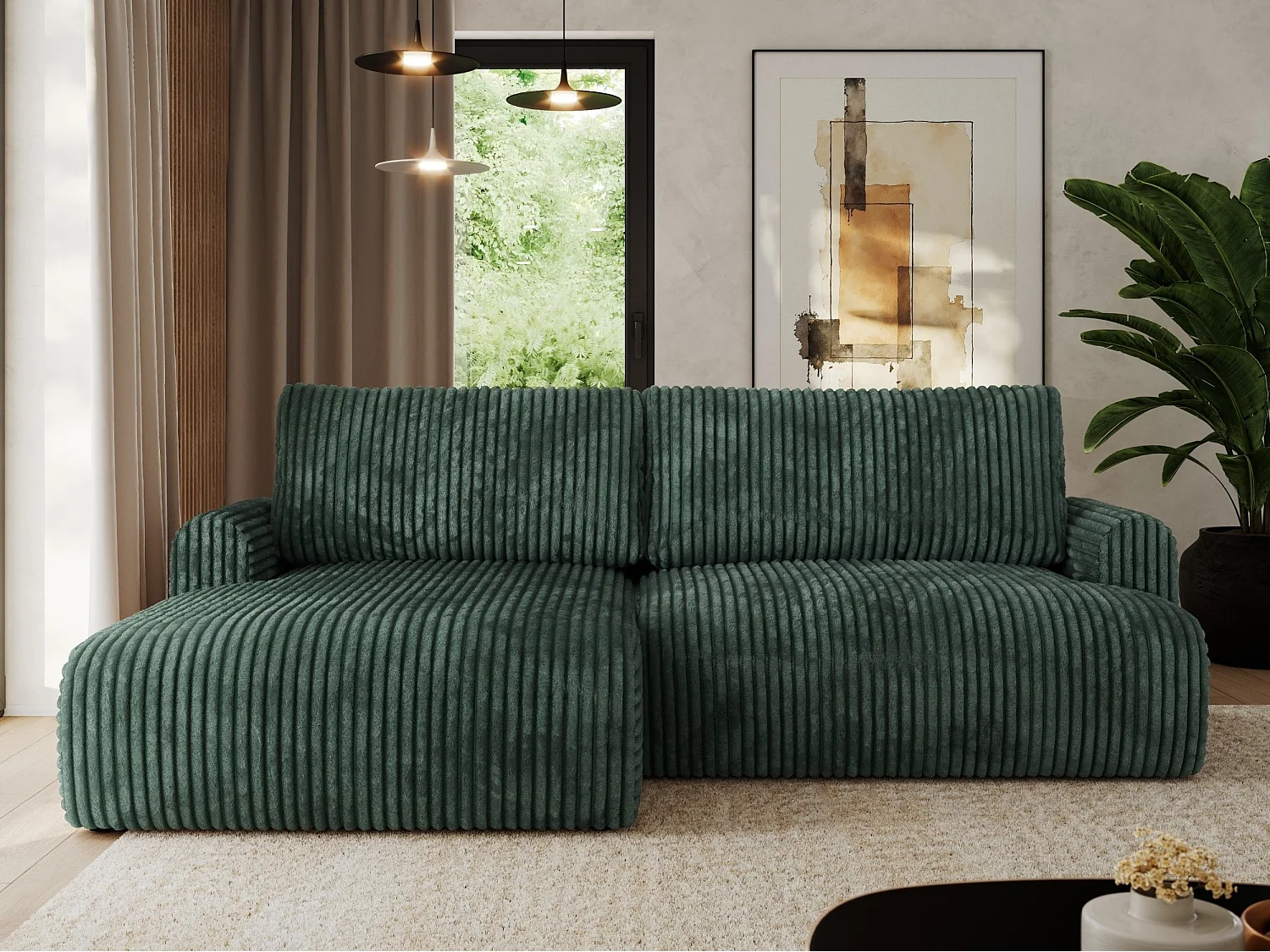 Ecksofa TONO - mit Schlaffunktion und Bettkasten, L-form Ecke, Armlehnen - Grün Cord - Ecke Links