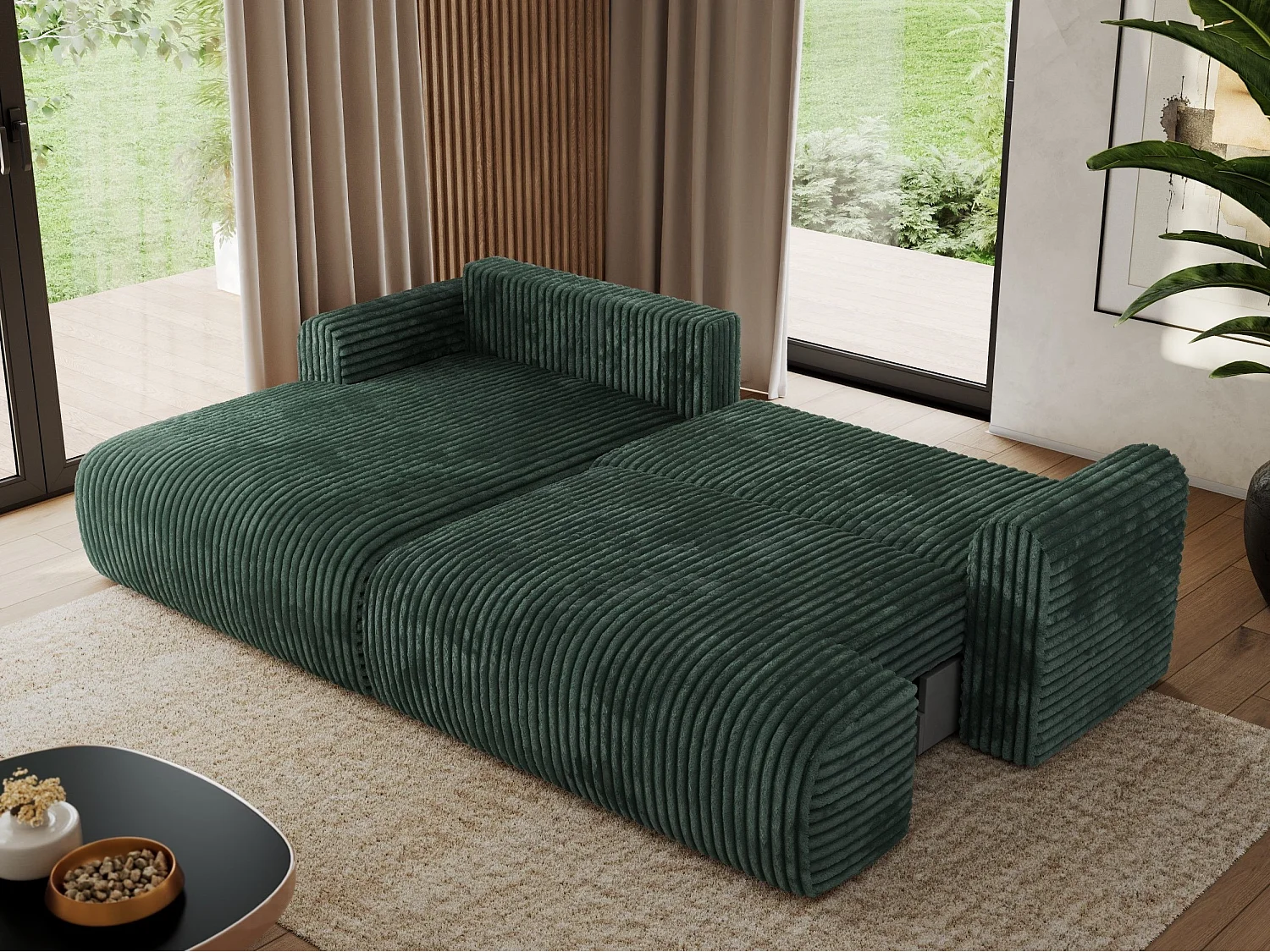 Ecksofa TONO - mit Schlaffunktion und Bettkasten, L-form Ecke, Armlehnen - Grün Cord - Ecke Links