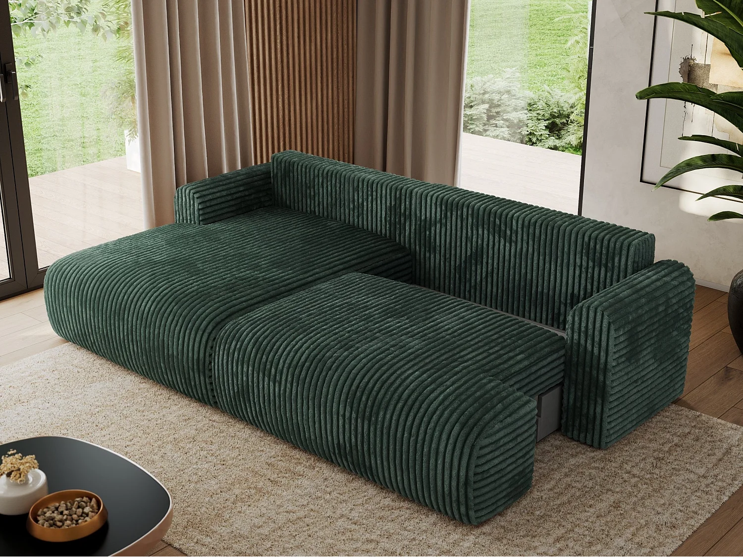 Ecksofa TONO - mit Schlaffunktion und Bettkasten, L-form Ecke, Armlehnen - Grün Cord - Ecke Links