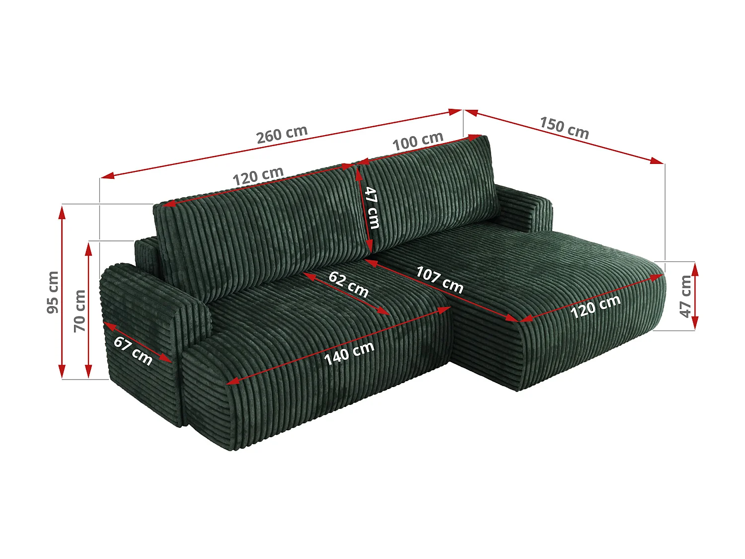 Ecksofa TONO - mit Schlaffunktion und Bettkasten, L-form Ecke, Armlehnen - Grün Cord - Ecke Links