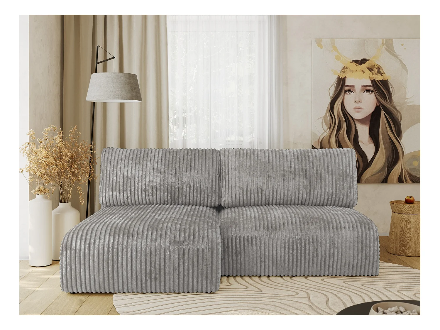 Ecksofa VIVO - L-form Couch mit Schlaffunktion und Bettkasten, Wellenfeder - Grau Cord - Ecke Links