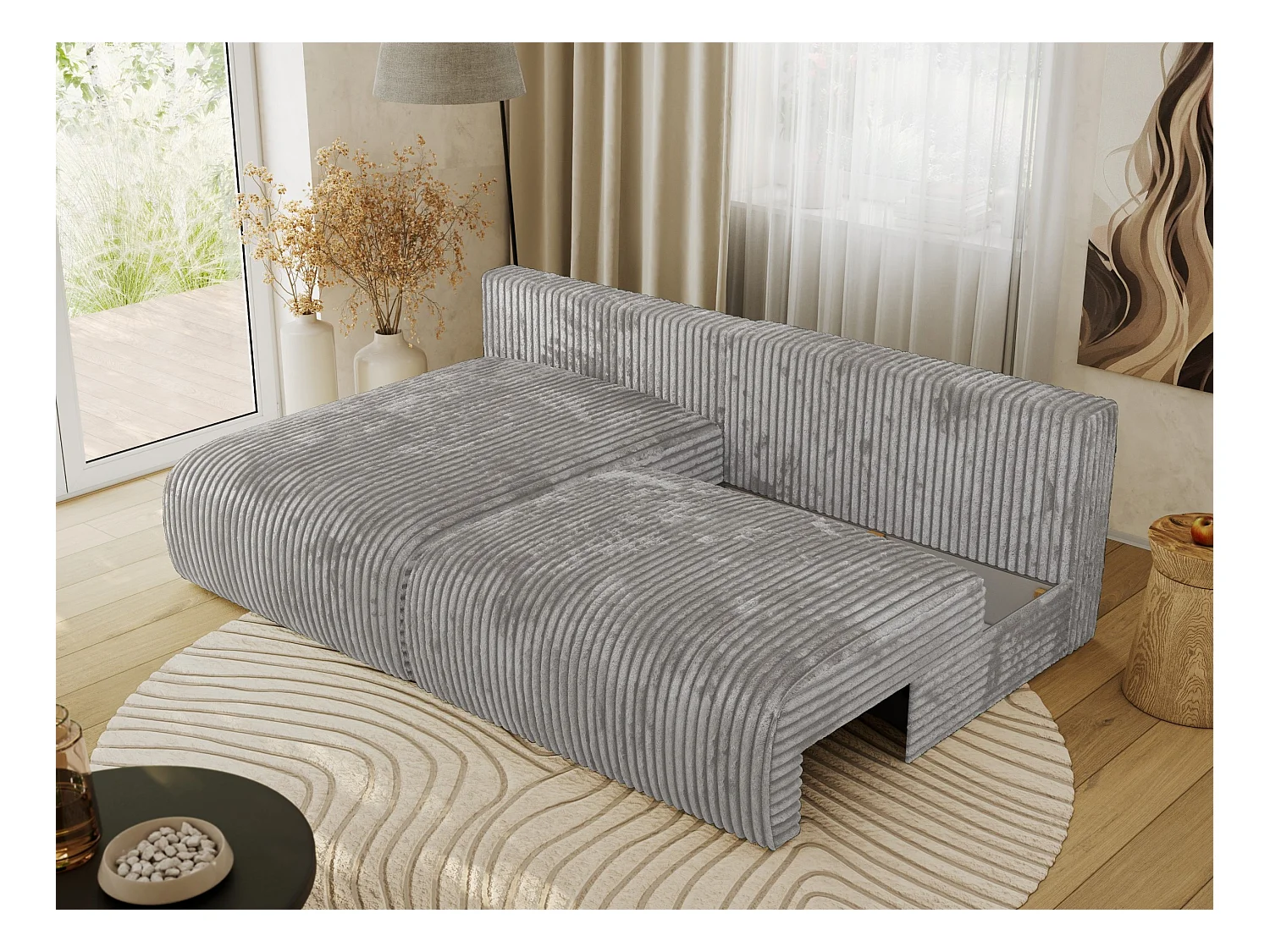 Ecksofa VIVO - L-form Couch mit Schlaffunktion und Bettkasten, Wellenfeder - Grau Cord - Ecke Links