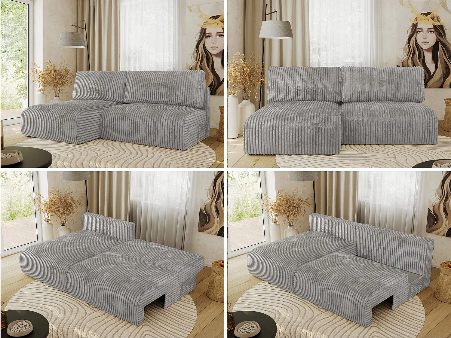 Ecksofa VIVO - L-form Couch mit Schlaffunktion und Bettkasten, Wellenfeder - Grau Cord - Ecke Links