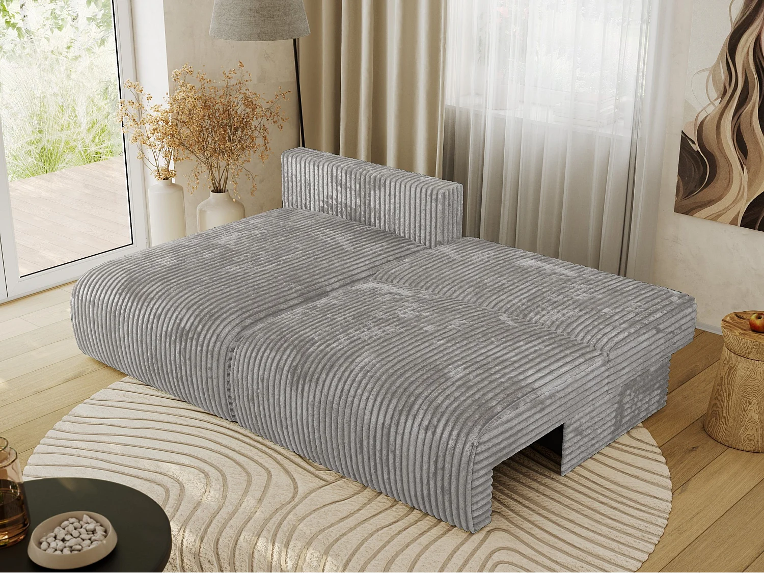 Ecksofa VIVO - L-form Couch mit Schlaffunktion und Bettkasten, Wellenfeder - Grau Cord - Ecke Links