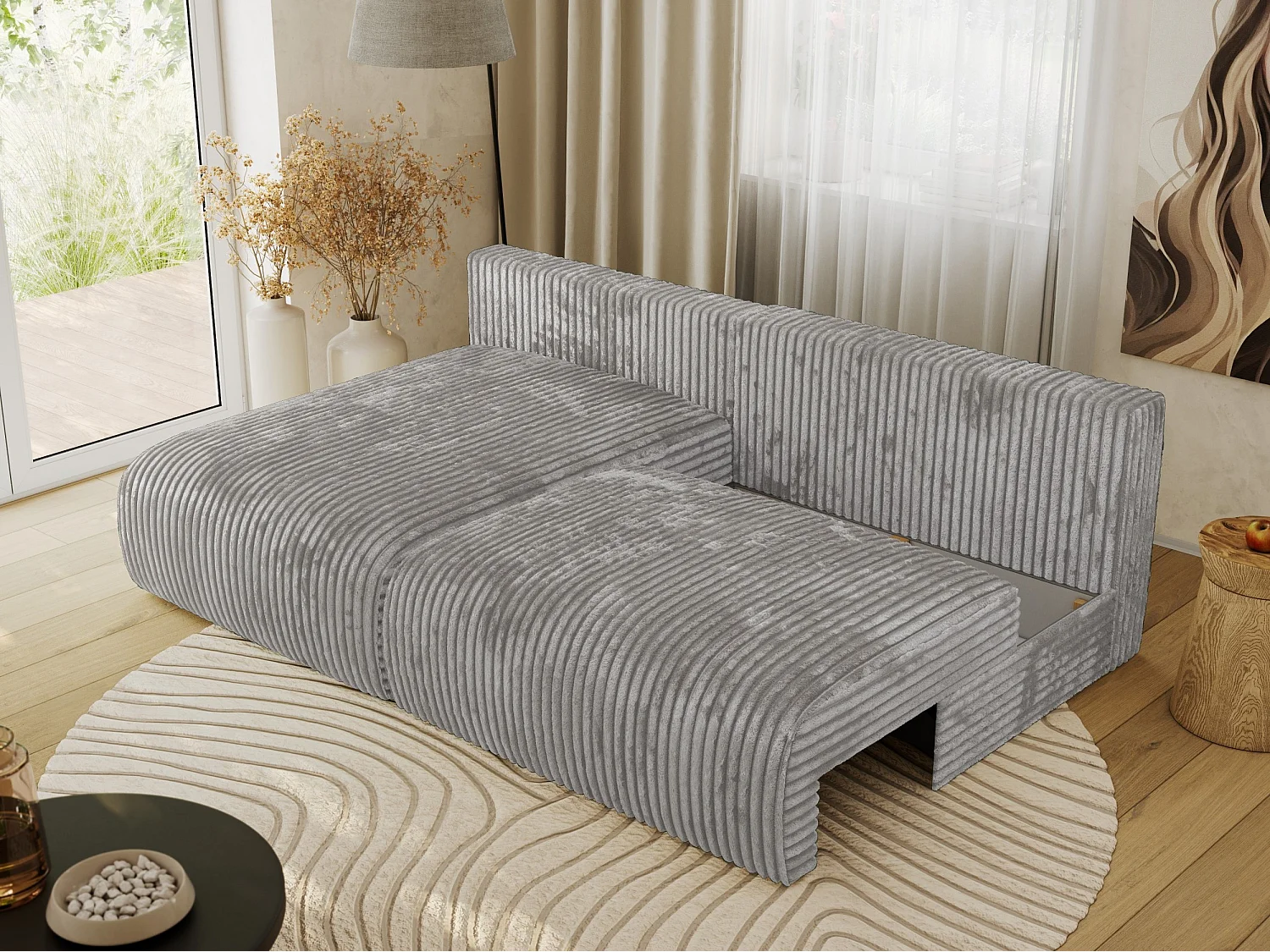 Ecksofa VIVO - L-form Couch mit Schlaffunktion und Bettkasten, Wellenfeder - Grau Cord - Ecke Links