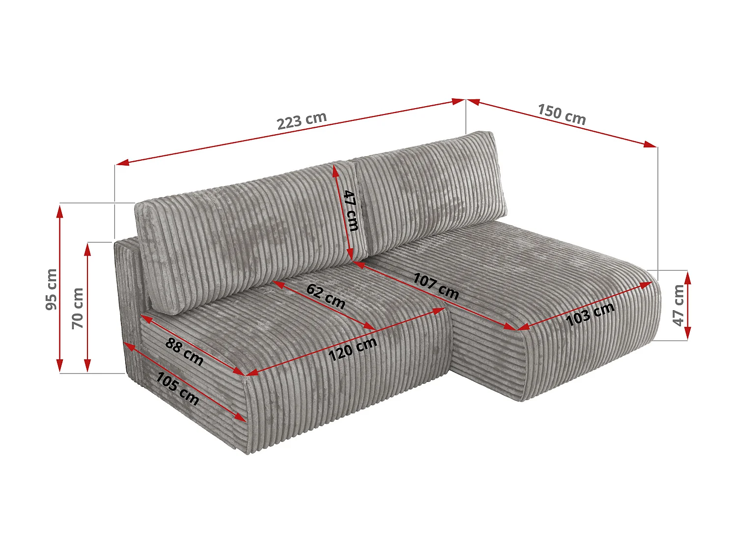 Ecksofa VIVO - L-form Couch mit Schlaffunktion und Bettkasten, Wellenfeder - Grau Cord - Ecke Links