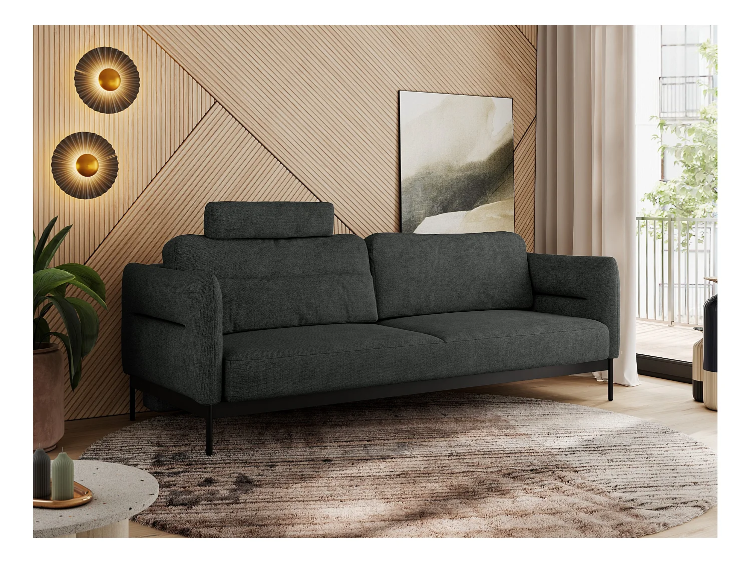 Sofa SALENTO - 3-Sitzer mit Metallbeine, mobile Kopfstütze, Schlafsofa mit lose Kissen - Dunkelgrau Strukture