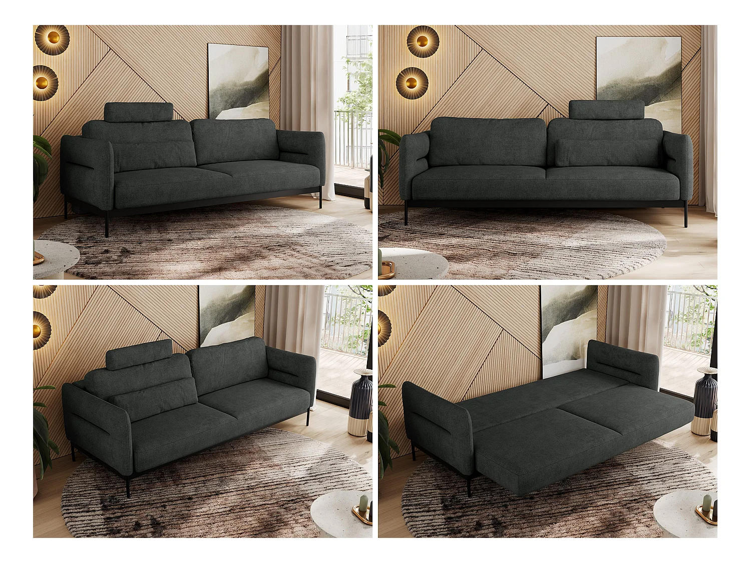 Sofa SALENTO - 3-Sitzer mit Metallbeine, mobile Kopfstütze, Schlafsofa mit lose Kissen - Dunkelgrau Strukture