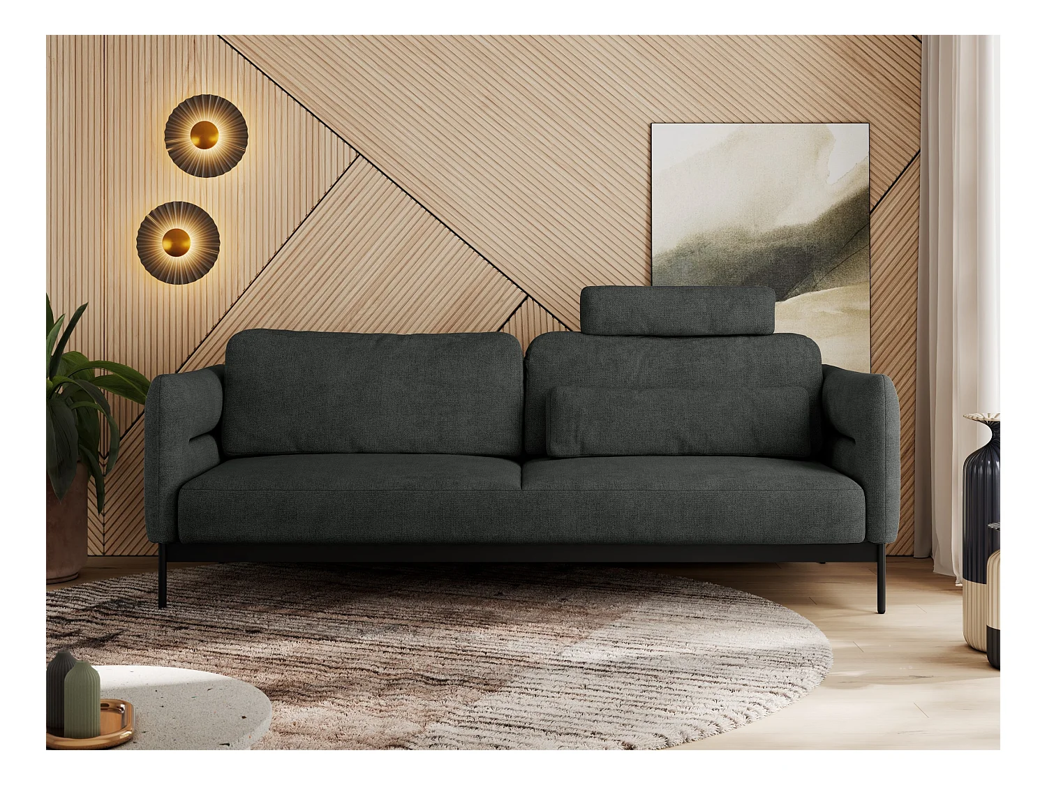 Sofa SALENTO - 3-Sitzer mit Metallbeine, mobile Kopfstütze, Schlafsofa mit lose Kissen - Dunkelgrau Strukture