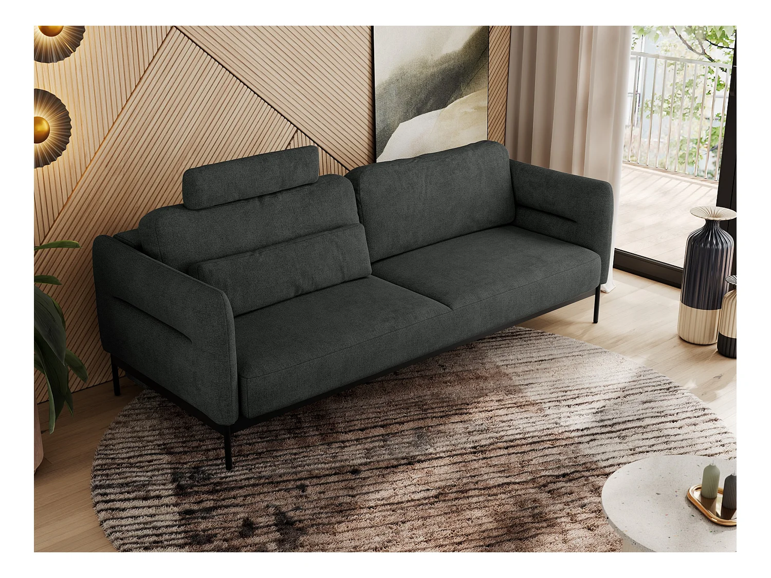 Sofa SALENTO - 3-Sitzer mit Metallbeine, mobile Kopfstütze, Schlafsofa mit lose Kissen - Dunkelgrau Strukture