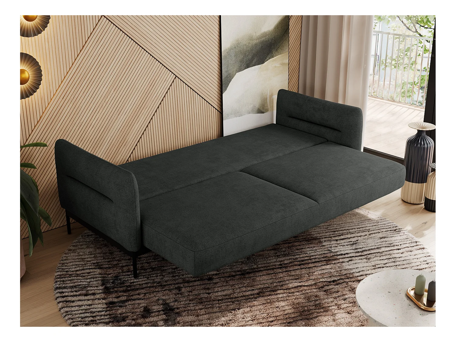 Sofa SALENTO - 3-Sitzer mit Metallbeine, mobile Kopfstütze, Schlafsofa mit lose Kissen - Dunkelgrau Strukture
