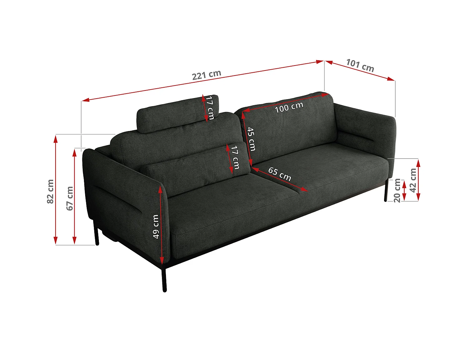 Sofa SALENTO - 3-Sitzer mit Metallbeine, mobile Kopfstütze, Schlafsofa mit lose Kissen - Dunkelgrau Strukture