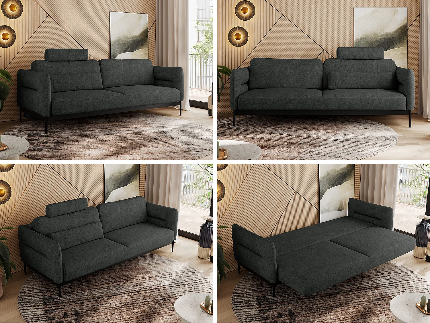 Sofa SALENTO - 3-Sitzer mit Metallbeine, mobile Kopfstütze, Schlafsofa mit lose Kissen - Dunkelgrau Strukture