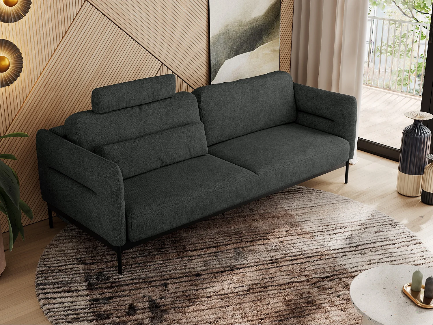 Sofa SALENTO - 3-Sitzer mit Metallbeine, mobile Kopfstütze, Schlafsofa mit lose Kissen - Dunkelgrau Strukture