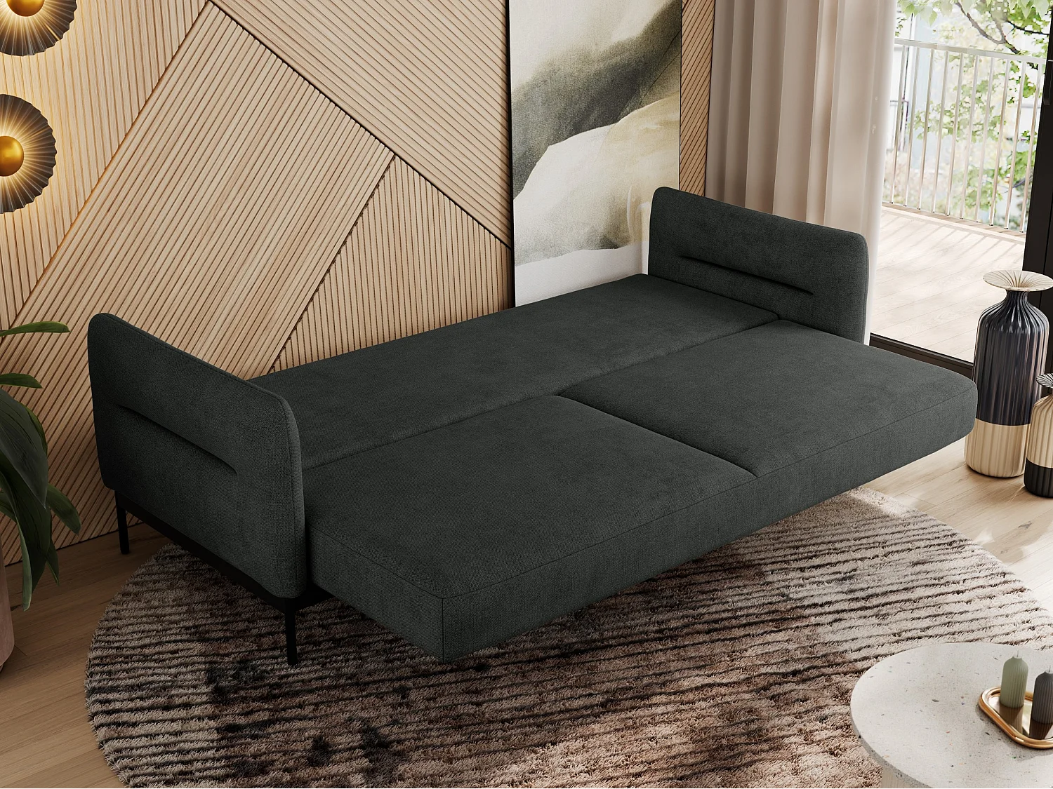 Sofa SALENTO - 3-Sitzer mit Metallbeine, mobile Kopfstütze, Schlafsofa mit lose Kissen - Dunkelgrau Strukture