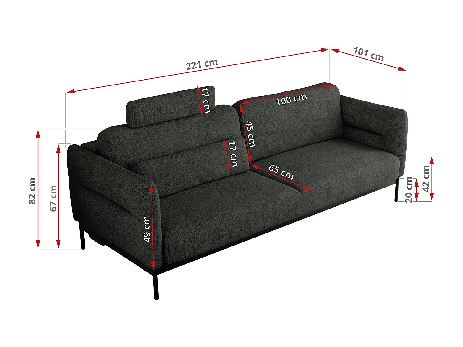 Sofa SALENTO - 3-Sitzer mit Metallbeine, mobile Kopfstütze, Schlafsofa mit lose Kissen - Dunkelgrau Strukture