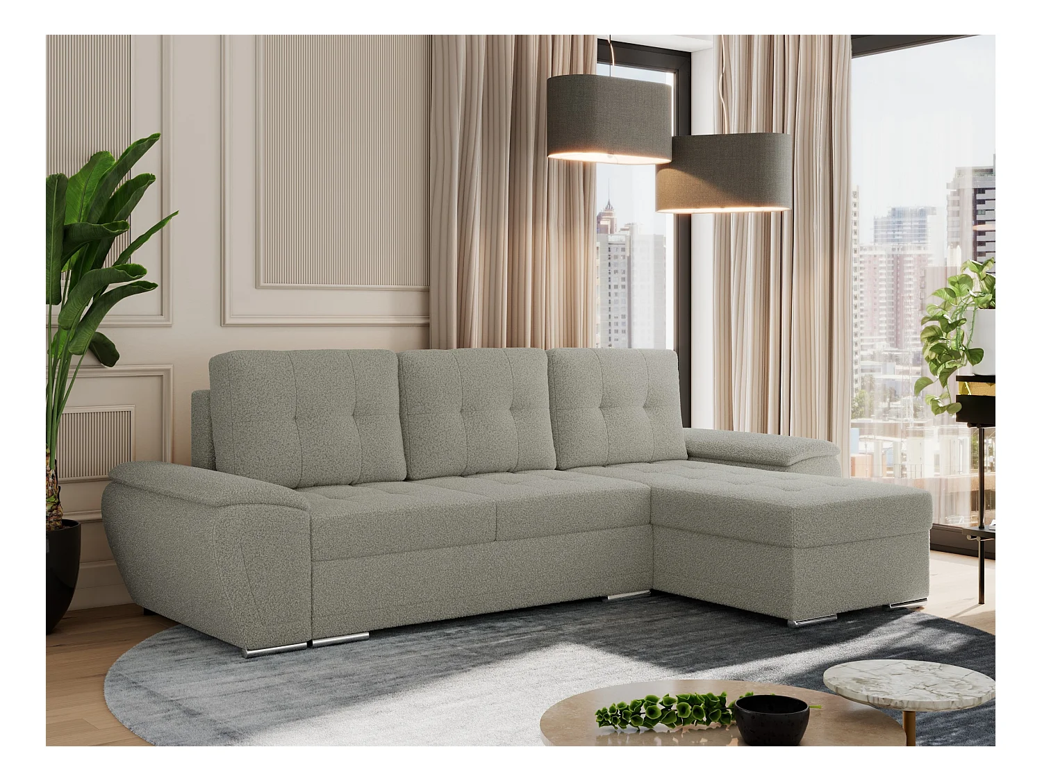 Ecksofa UMBRIA - universell L-form Couch, Schlaffunktion und Bettkasten, gesteppte Ecke - Hellgrau Boucle