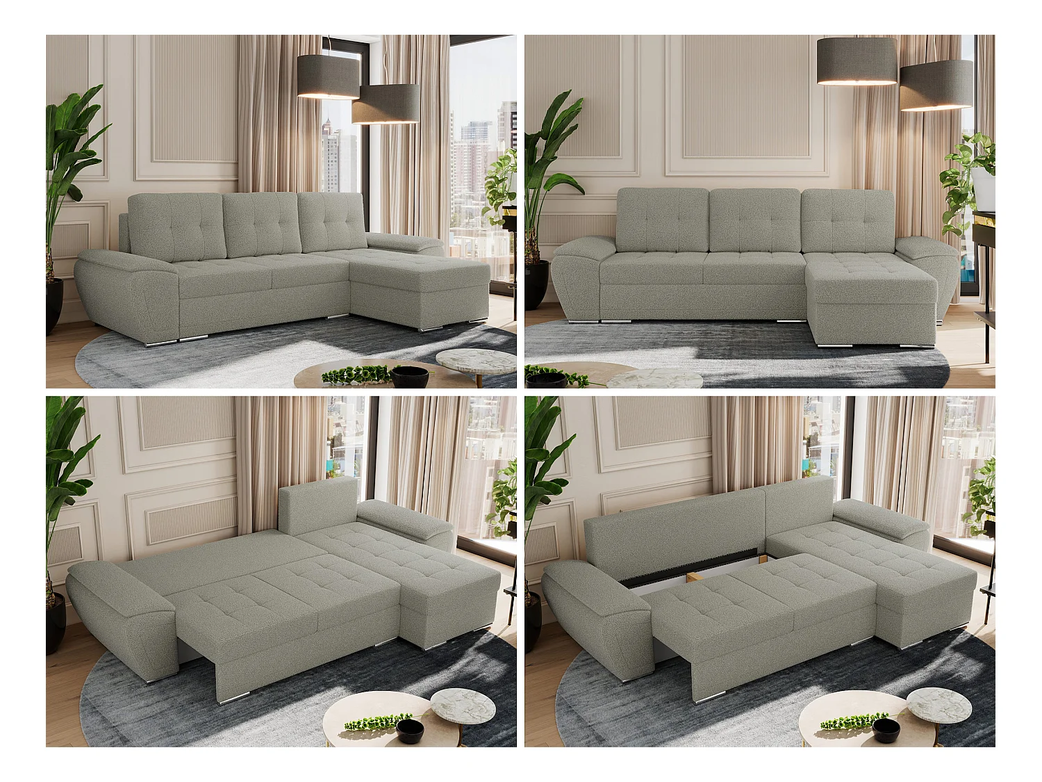 Ecksofa UMBRIA - universell L-form Couch, Schlaffunktion und Bettkasten, gesteppte Ecke - Hellgrau Boucle