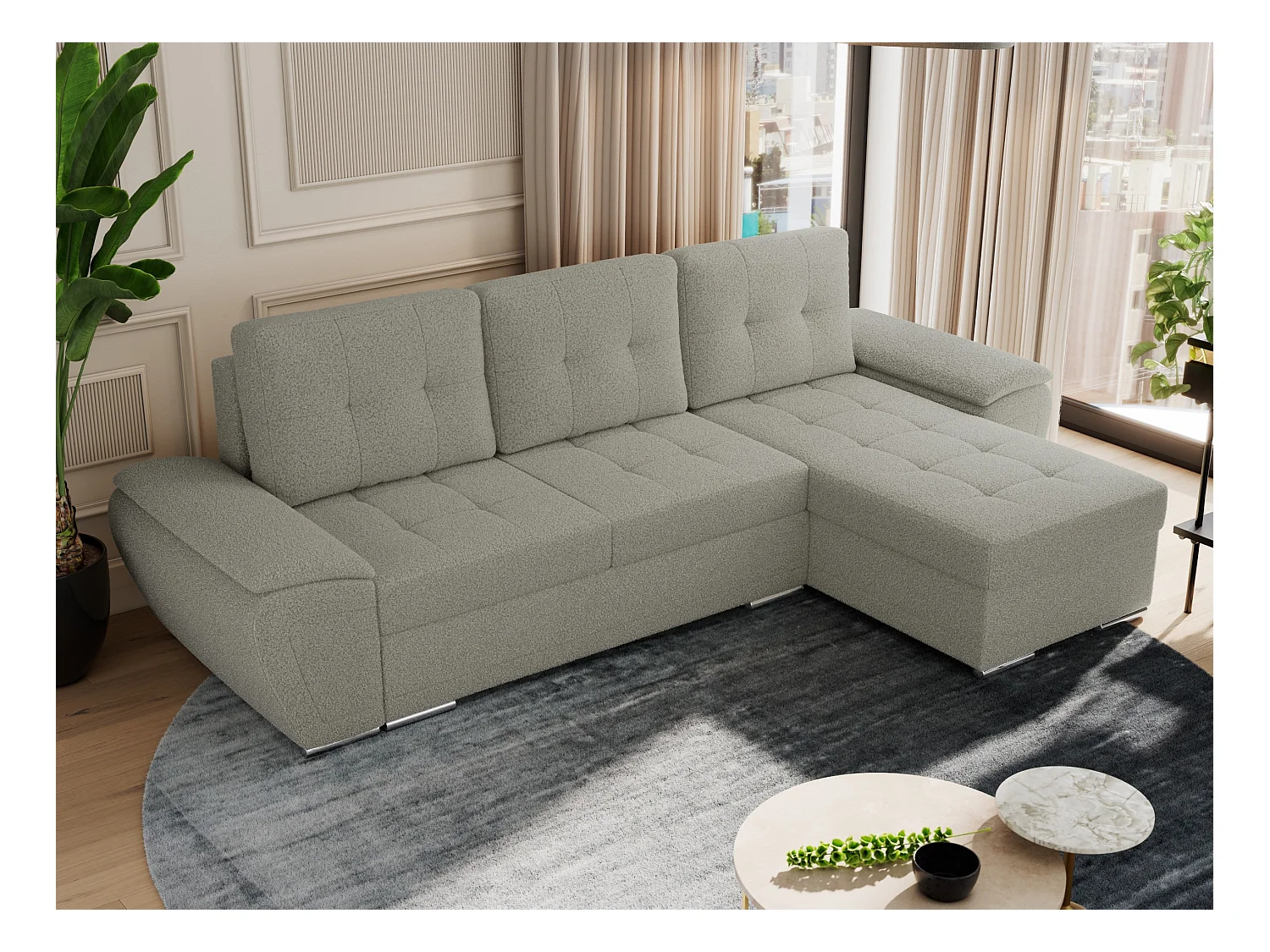 Ecksofa UMBRIA - universell L-form Couch, Schlaffunktion und Bettkasten, gesteppte Ecke - Hellgrau Boucle