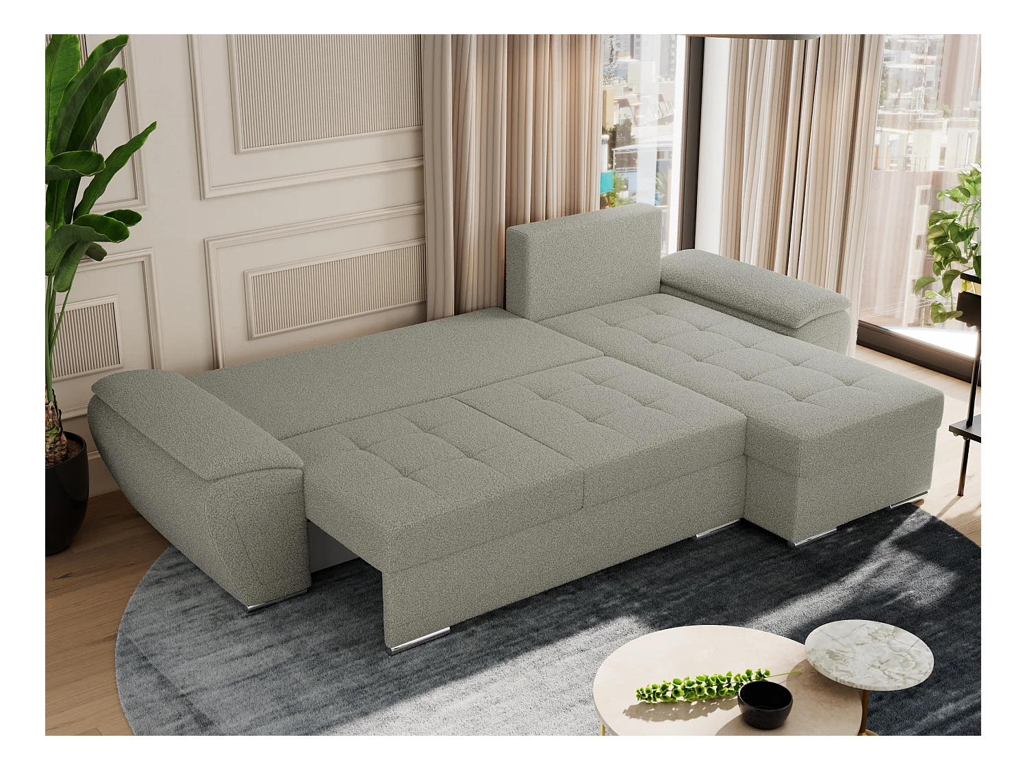 Ecksofa UMBRIA - universell L-form Couch, Schlaffunktion und Bettkasten, gesteppte Ecke - Hellgrau Boucle