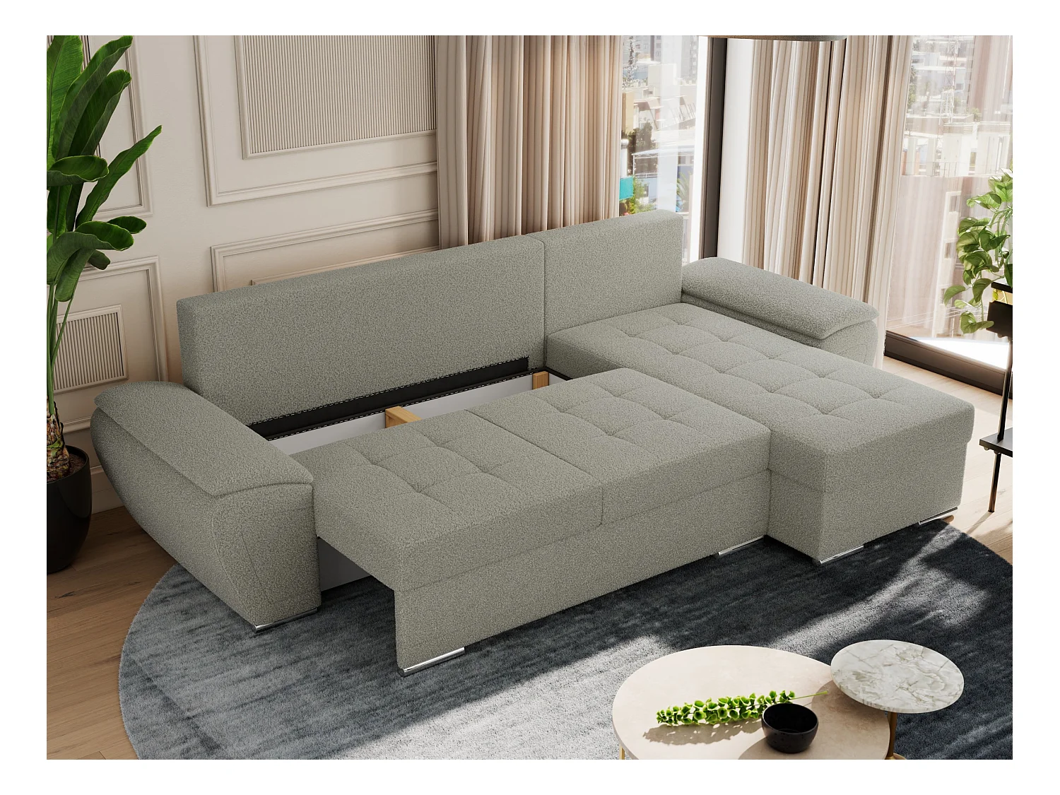 Ecksofa UMBRIA - universell L-form Couch, Schlaffunktion und Bettkasten, gesteppte Ecke - Hellgrau Boucle