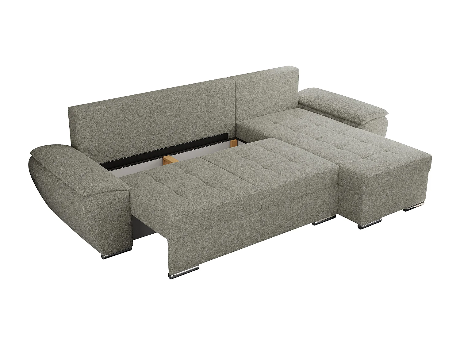 Ecksofa UMBRIA - universell L-form Couch, Schlaffunktion und Bettkasten, gesteppte Ecke - Hellgrau Boucle