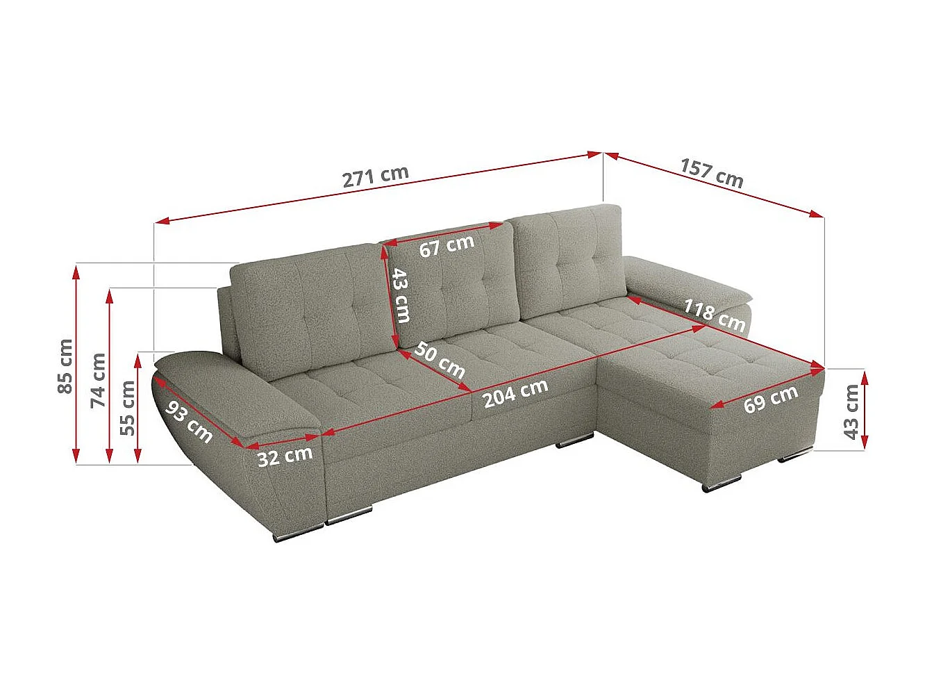 Ecksofa UMBRIA - universell L-form Couch, Schlaffunktion und Bettkasten, gesteppte Ecke - Hellgrau Boucle
