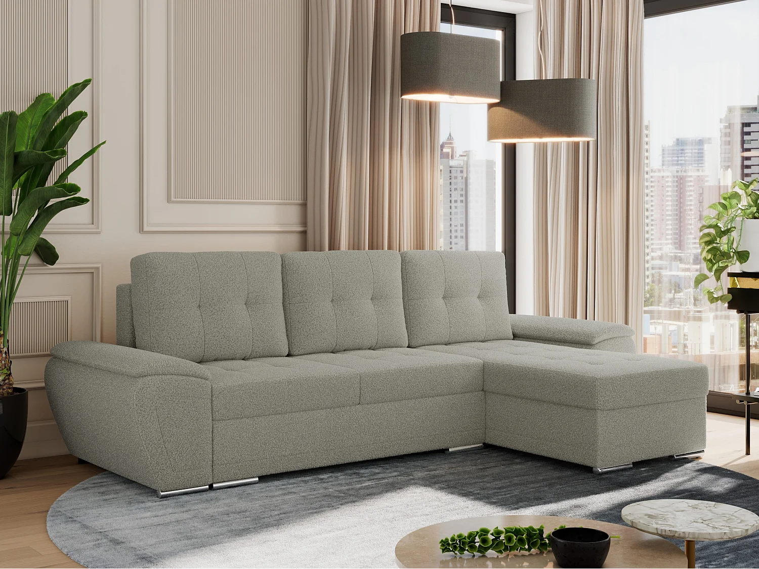 Ecksofa UMBRIA - universell L-form Couch, Schlaffunktion und Bettkasten, gesteppte Ecke - Hellgrau Boucle