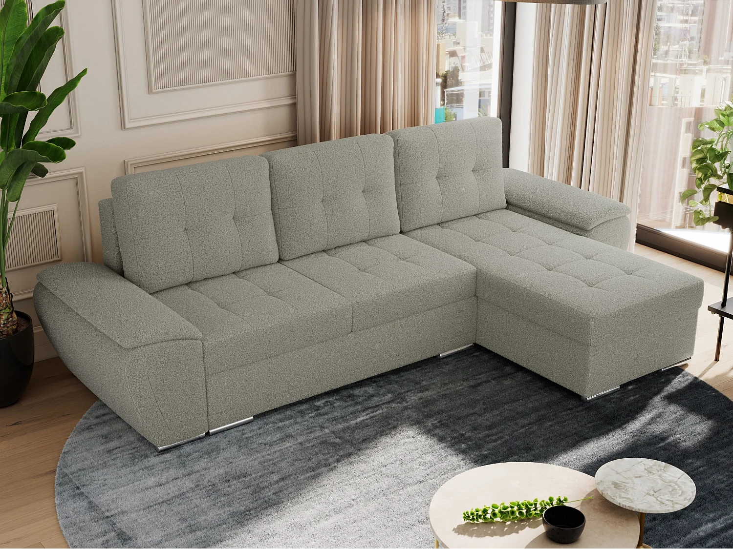 Ecksofa UMBRIA - universell L-form Couch, Schlaffunktion und Bettkasten, gesteppte Ecke - Hellgrau Boucle