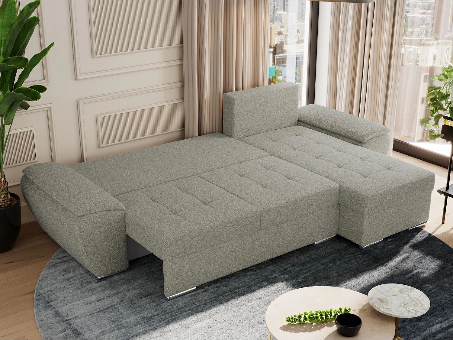 Ecksofa UMBRIA - universell L-form Couch, Schlaffunktion und Bettkasten, gesteppte Ecke - Hellgrau Boucle