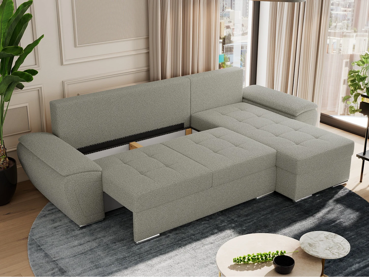 Ecksofa UMBRIA - universell L-form Couch, Schlaffunktion und Bettkasten, gesteppte Ecke - Hellgrau Boucle