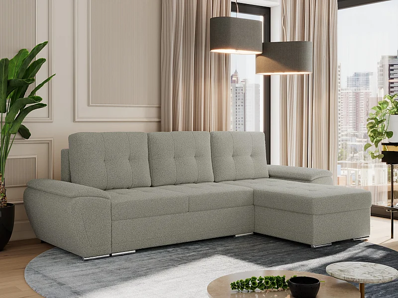 Ecksofa UMBRIA - universell L-form Couch, Schlaffunktion und Bettkasten, gesteppte Ecke - Hellgrau Boucle