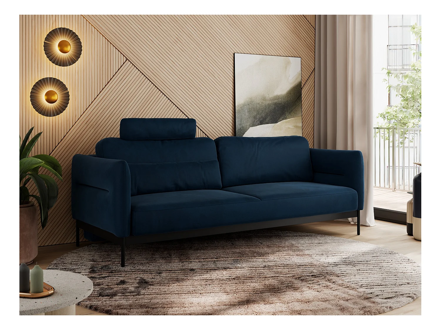 Sofa SALENTO - 3-Sitzer mit Metallbeine, mobile Kopfstütze, Schlafsofa mit lose Kissen - Dunkelblau Velvet