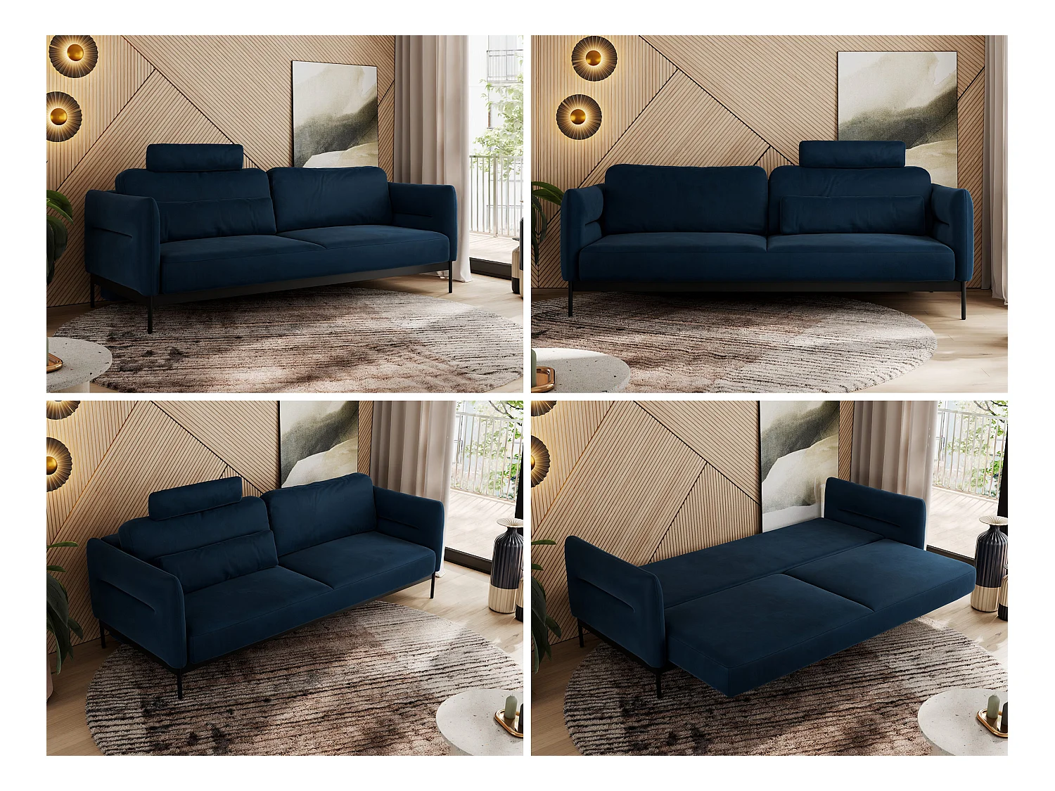Sofa SALENTO - 3-Sitzer mit Metallbeine, mobile Kopfstütze, Schlafsofa mit lose Kissen - Dunkelblau Velvet