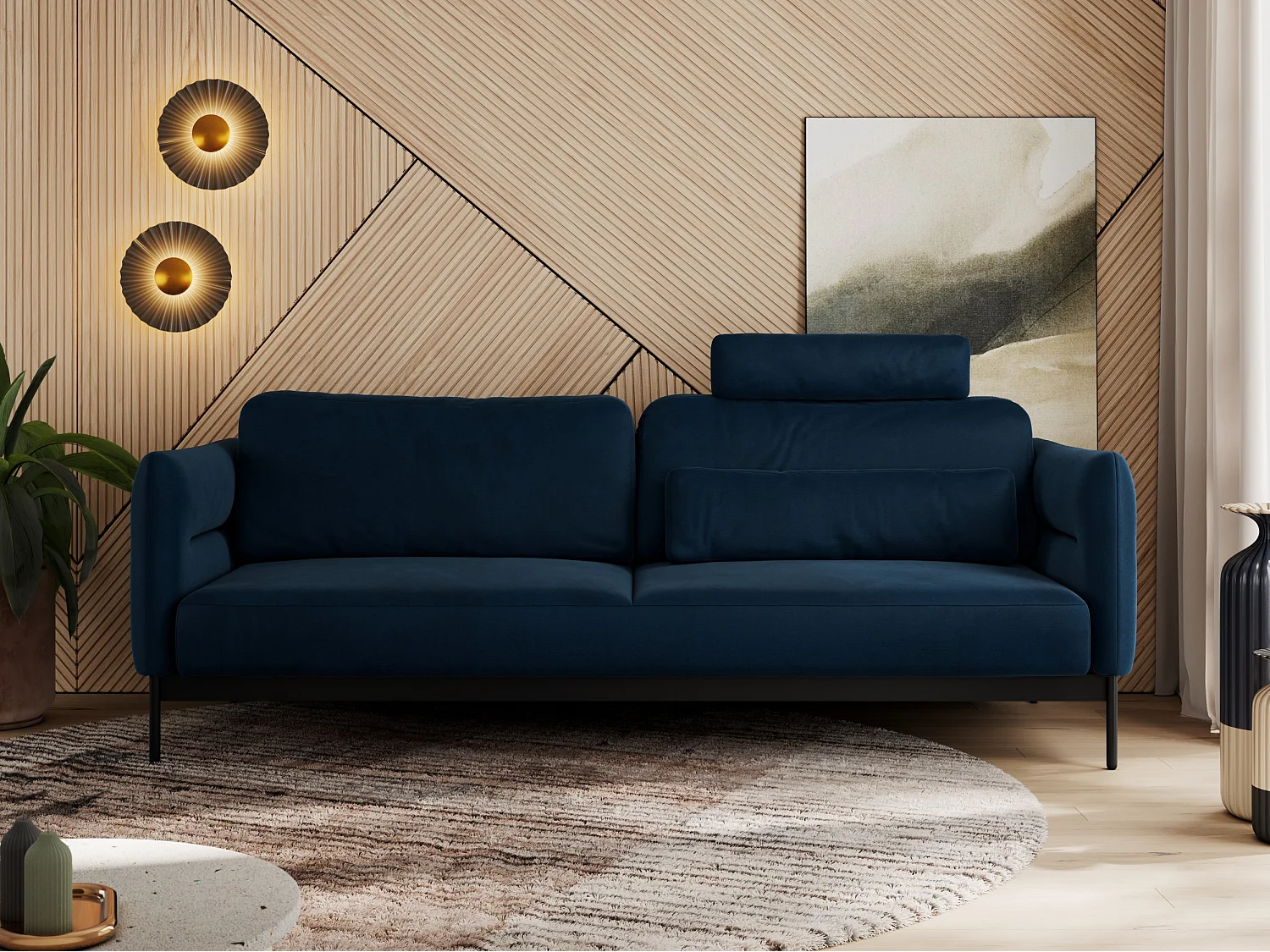 Sofa SALENTO - 3-Sitzer mit Metallbeine, mobile Kopfstütze, Schlafsofa mit lose Kissen - Dunkelblau Velvet