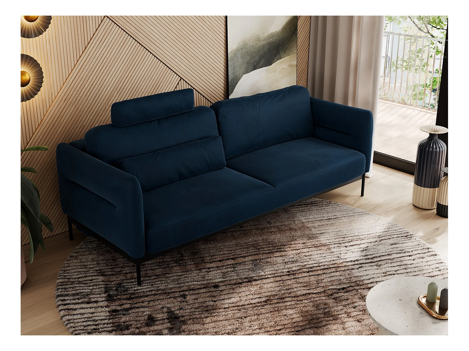 Sofa SALENTO - 3-Sitzer mit Metallbeine, mobile Kopfstütze, Schlafsofa mit lose Kissen - Dunkelblau Velvet