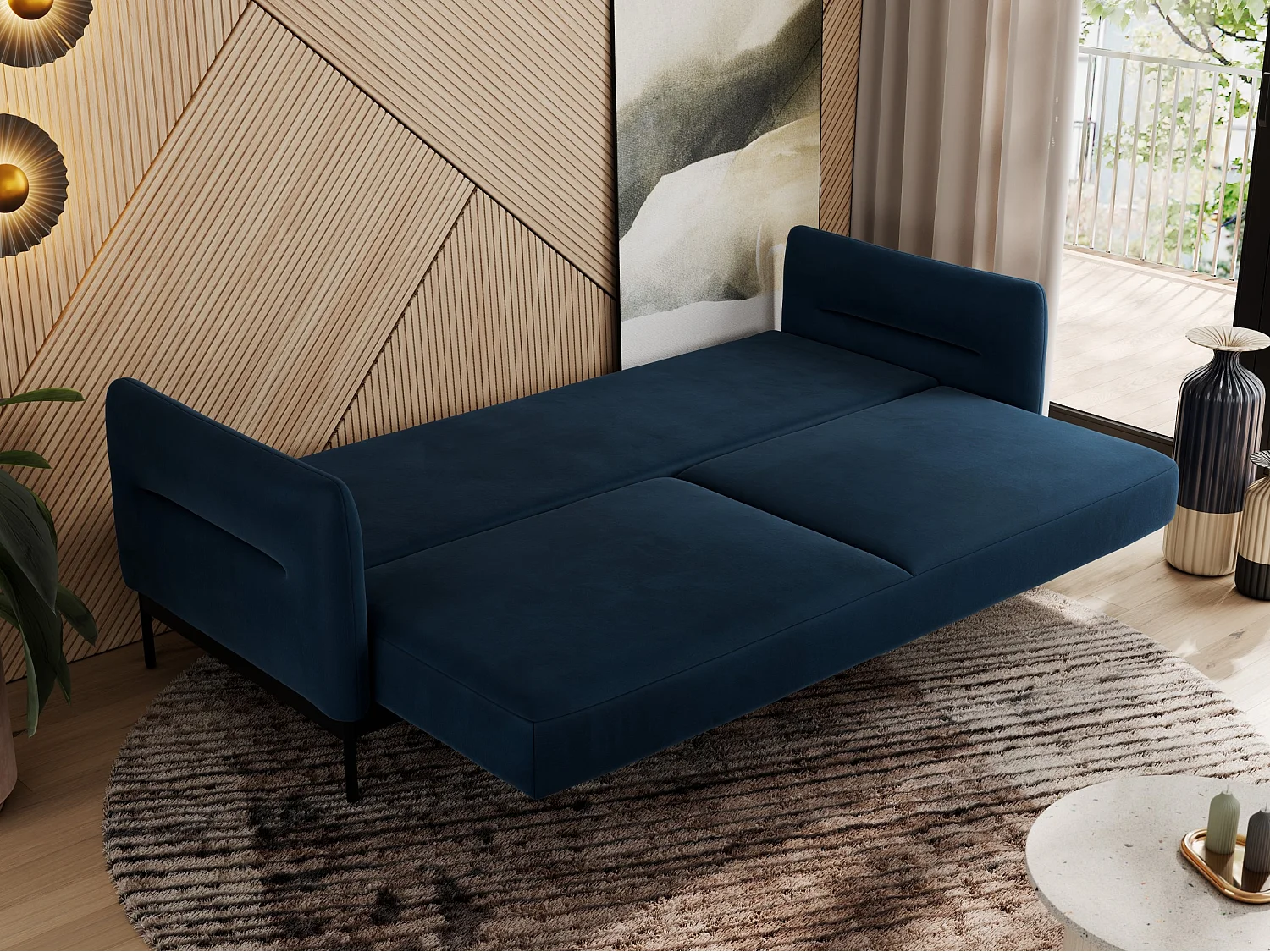 Sofa SALENTO - 3-Sitzer mit Metallbeine, mobile Kopfstütze, Schlafsofa mit lose Kissen - Dunkelblau Velvet