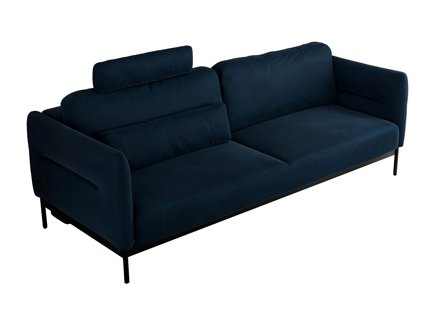 Sofa SALENTO - 3-Sitzer mit Metallbeine, mobile Kopfstütze, Schlafsofa mit lose Kissen - Dunkelblau Velvet