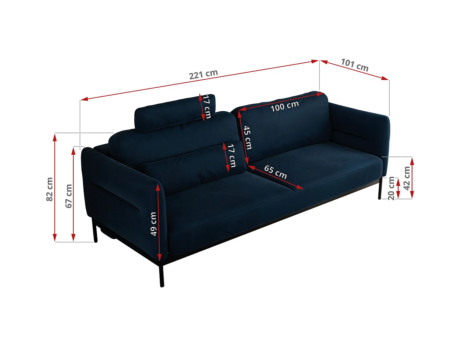 Sofa SALENTO - 3-Sitzer mit Metallbeine, mobile Kopfstütze, Schlafsofa mit lose Kissen - Dunkelblau Velvet