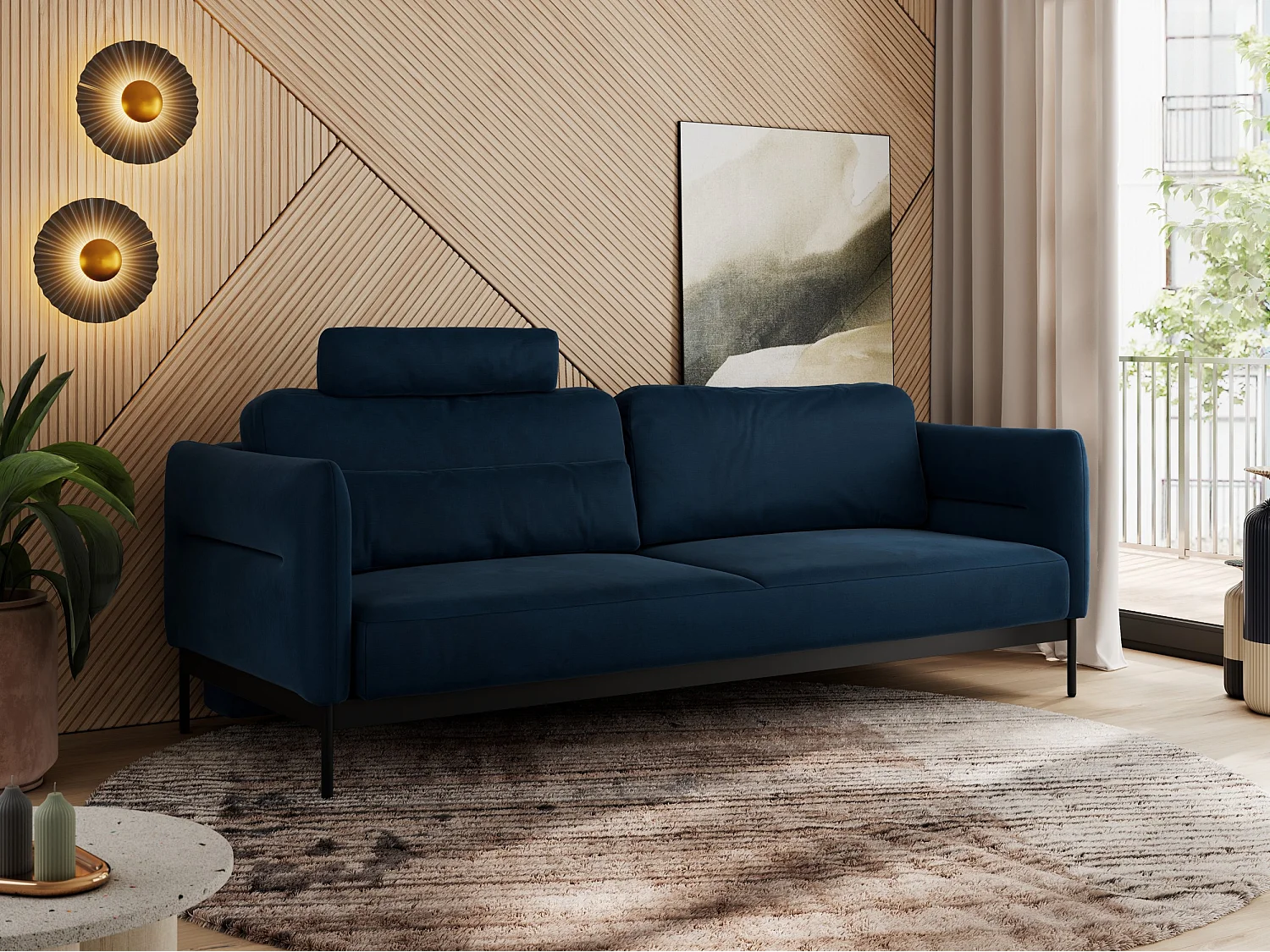Sofa SALENTO - 3-Sitzer mit Metallbeine, mobile Kopfstütze, Schlafsofa mit lose Kissen - Dunkelblau Velvet