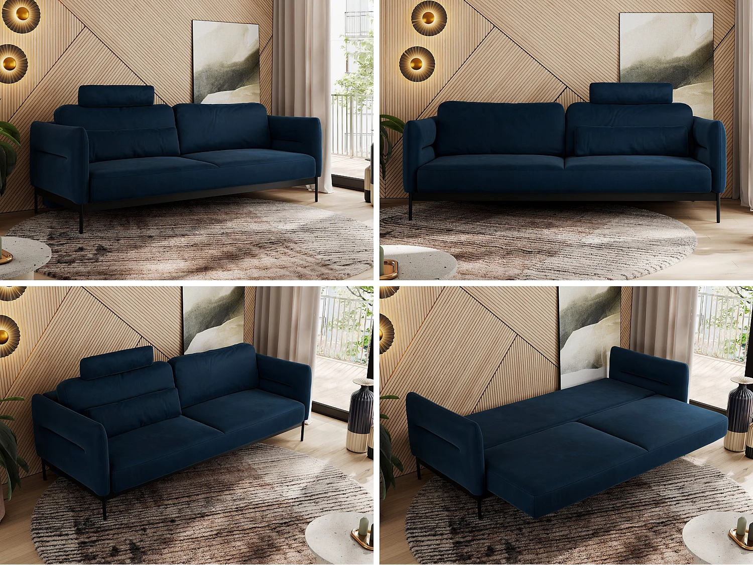 Sofa SALENTO - 3-Sitzer mit Metallbeine, mobile Kopfstütze, Schlafsofa mit lose Kissen - Dunkelblau Velvet