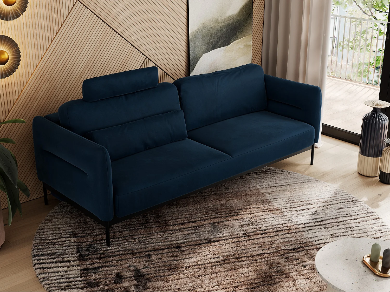 Sofa SALENTO - 3-Sitzer mit Metallbeine, mobile Kopfstütze, Schlafsofa mit lose Kissen - Dunkelblau Velvet