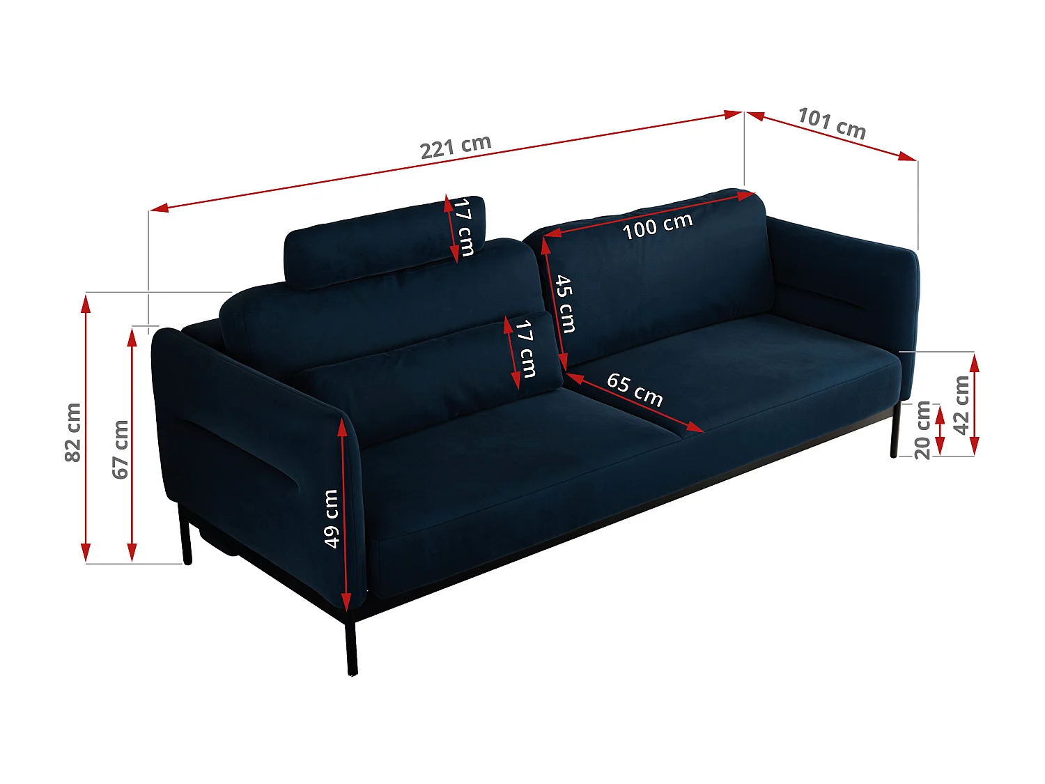 Sofa SALENTO - 3-Sitzer mit Metallbeine, mobile Kopfstütze, Schlafsofa mit lose Kissen - Dunkelblau Velvet