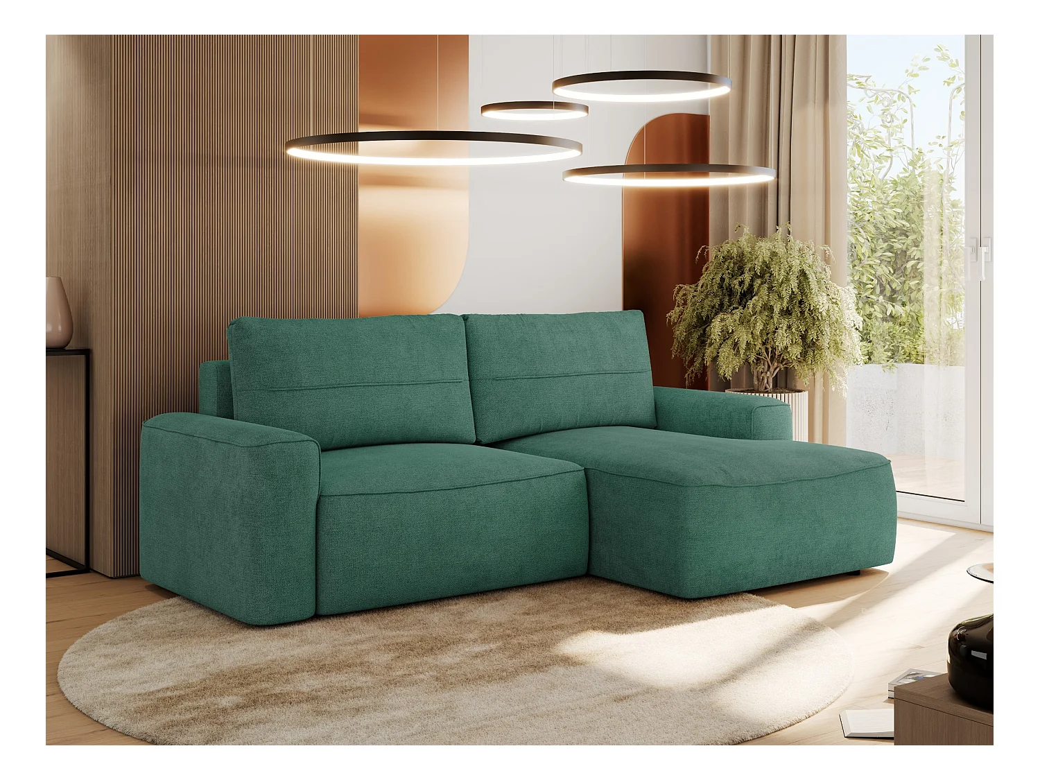 Ecksofa BELLUNO - Schlafsofa mit Bettkasten, Armlehnen, Couch L-form mit Schlaffunktion - Grün Strukture - Ecke Rechts
