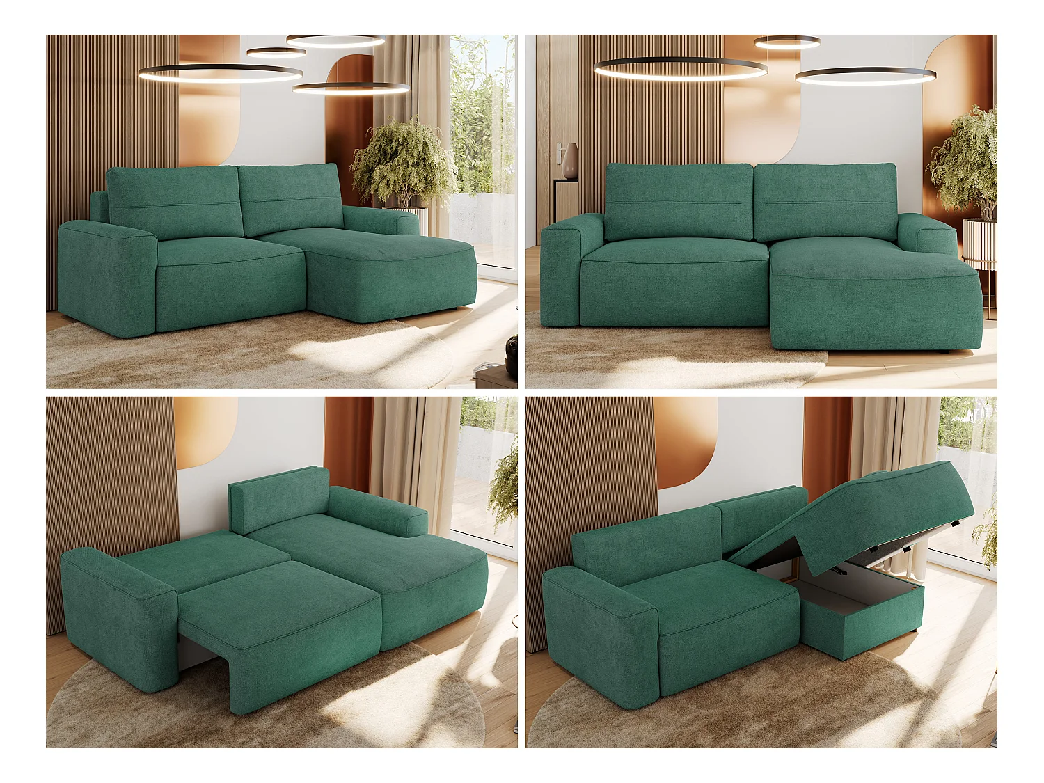 Ecksofa BELLUNO - Schlafsofa mit Bettkasten, Armlehnen, Couch L-form mit Schlaffunktion - Grün Strukture - Ecke Rechts