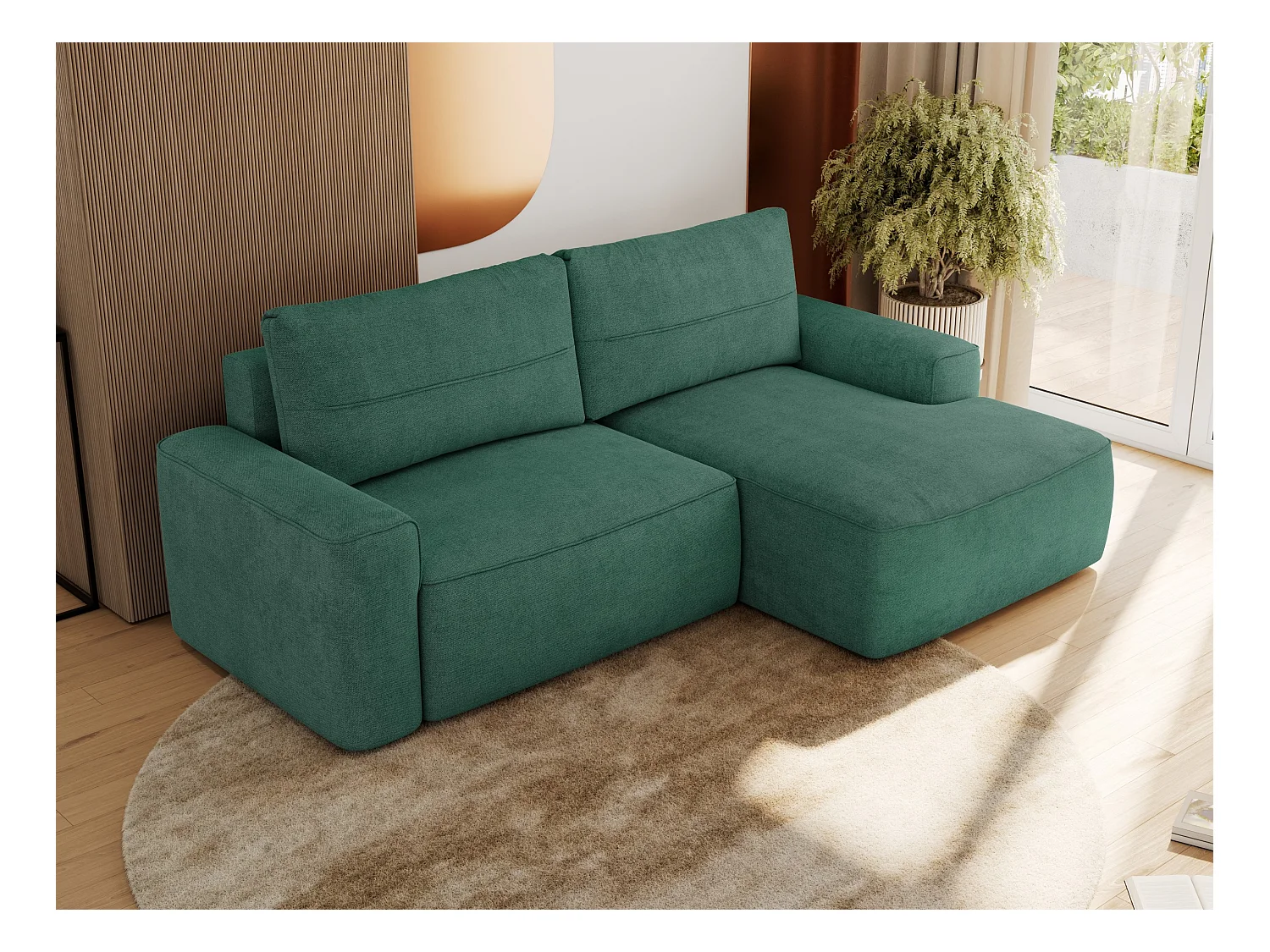 Ecksofa BELLUNO - Schlafsofa mit Bettkasten, Armlehnen, Couch L-form mit Schlaffunktion - Grün Strukture - Ecke Rechts